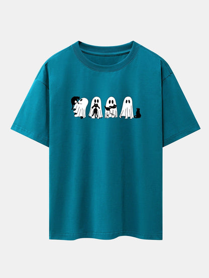 Black Cat Ghost Print Drop Shoulder Oversize T-Shirt