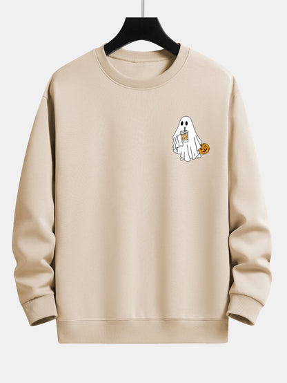 Pumpkin Ghost Drinking Milk Tea Print Relax Fit Sweatshirt