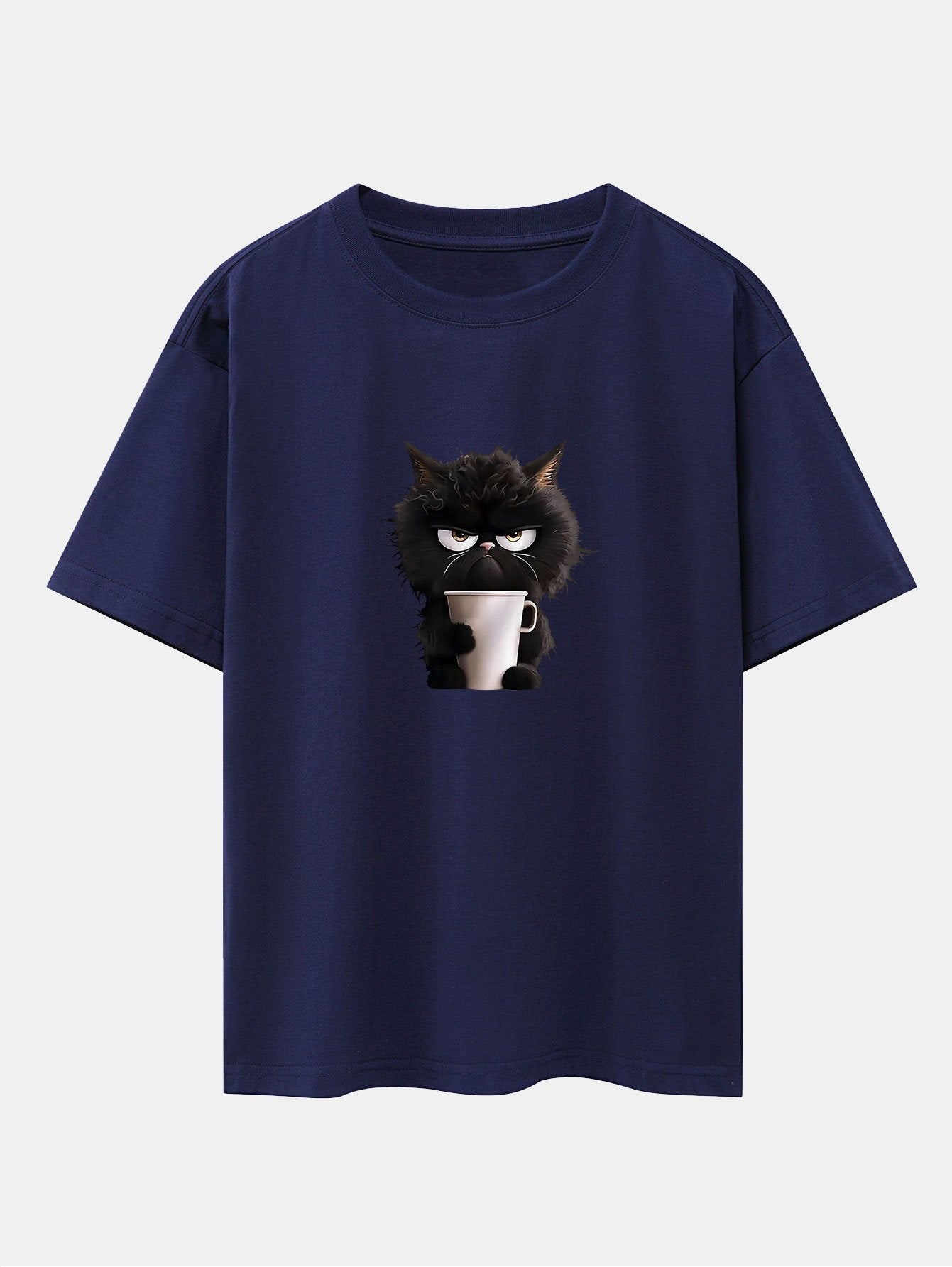 Black Cat Drinking Coffee Print Drop Shoulder Oversize T-Shirt