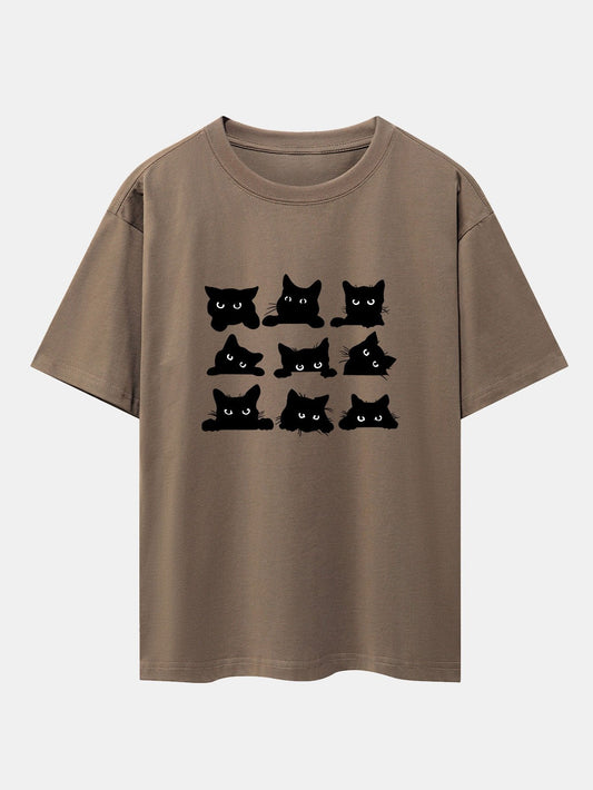 Black Cat Staring Print Drop Shoulder Oversize T-Shirt