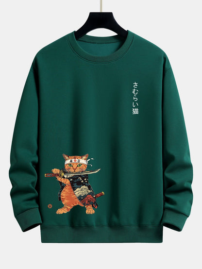 Samurai Warrior Cat Print Relax Fit Sweatshirt