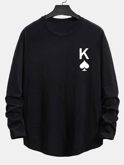 Long Sleeve Spade K Print Cotton Arc Hem T-Shirt