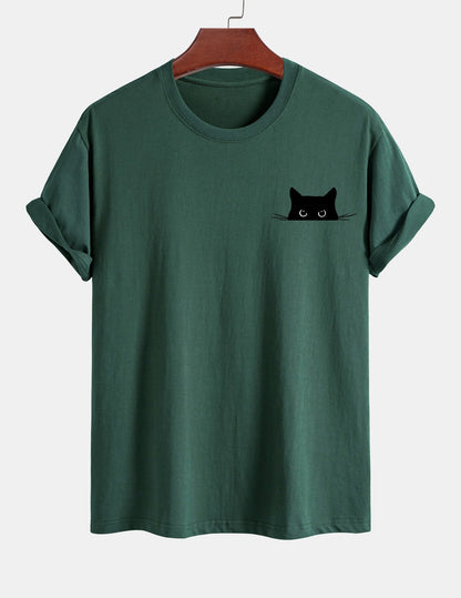 Regular Fit Black Cat Print Cotton T-Shirt