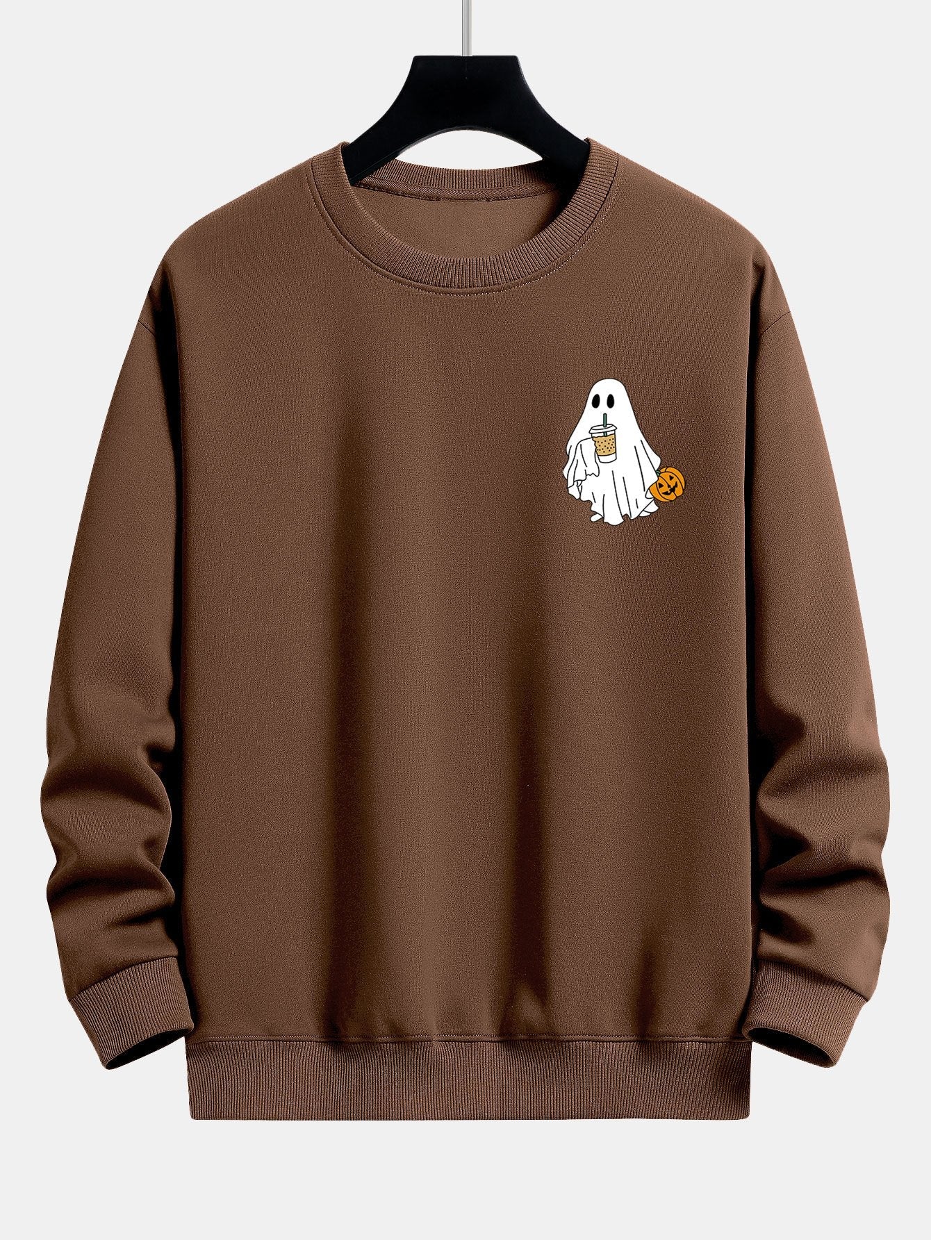 Pumpkin Ghost Drinking Milk Tea Print Relax Fit Sweatshirt