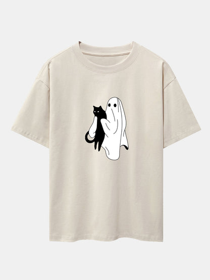 Ghost Black Cat Print Drop Shoulder Oversize T-Shirt