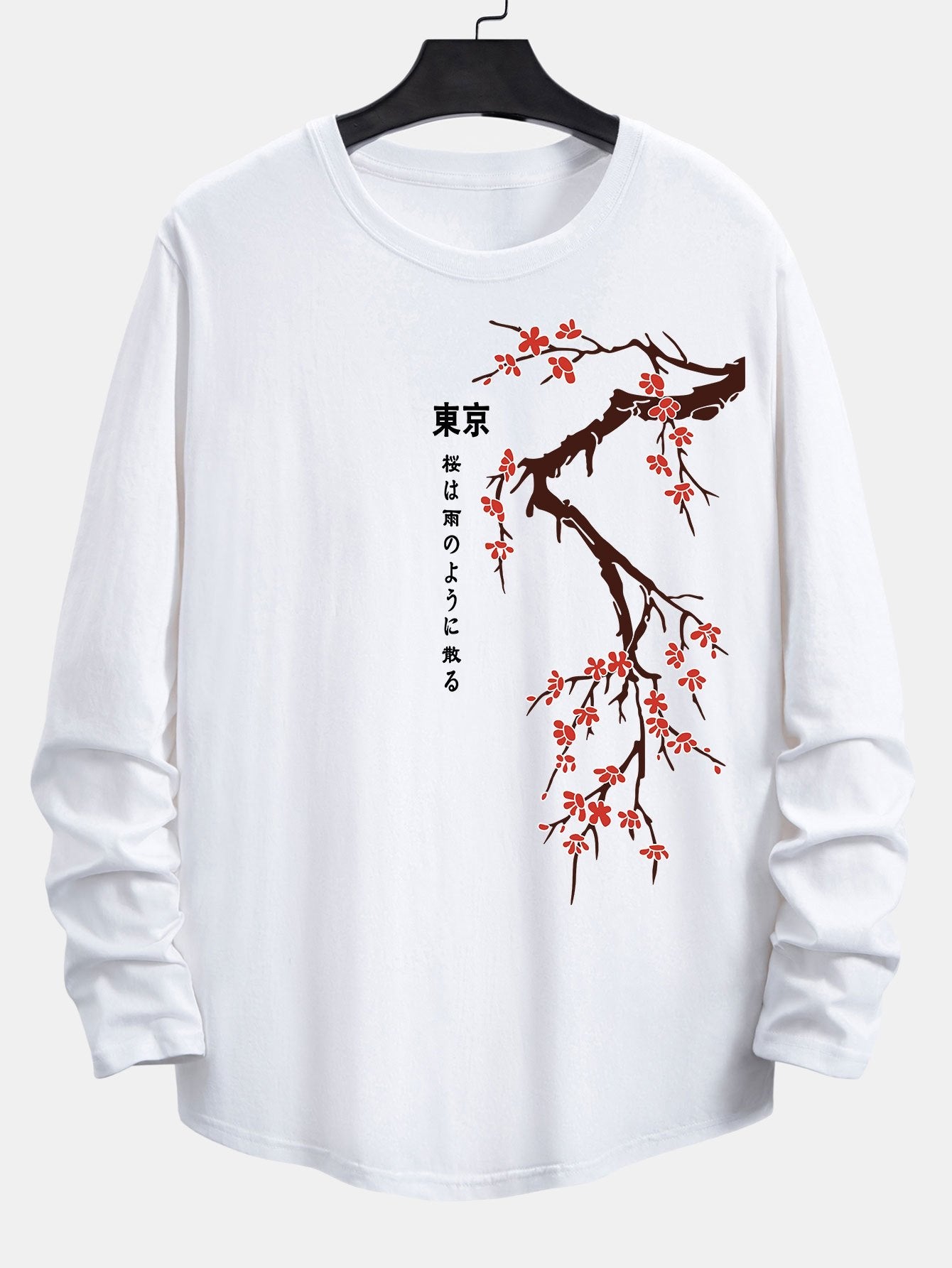 Long Sleeve Cherry Blossoms Print Cotton Arc Hem T-Shirt