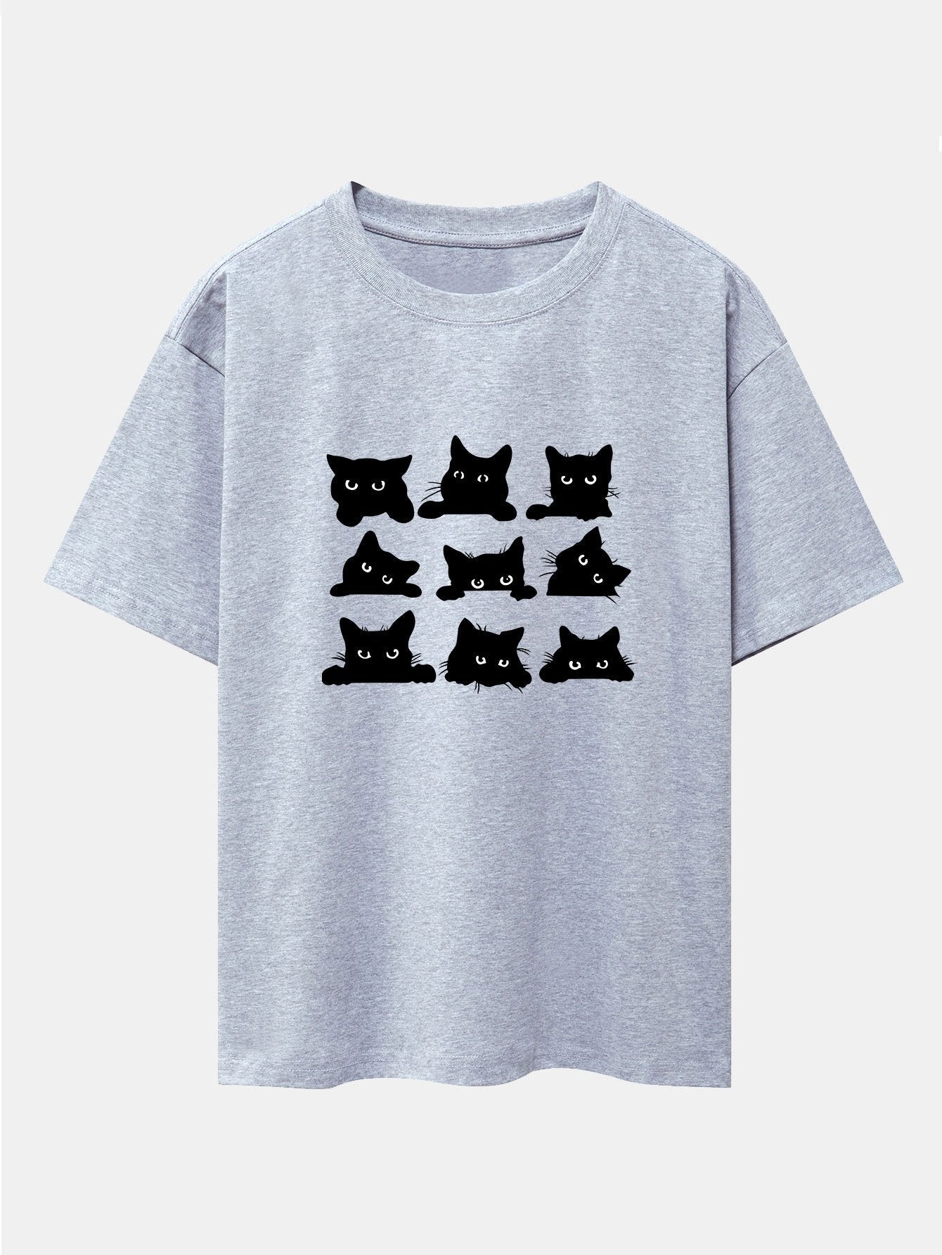 Black Cat Staring Print Drop Shoulder Oversize T-Shirt