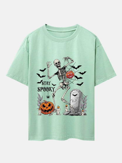 Halloween Skeleton Stay Spooky Print Drop Shoulder Oversize T-Shirt