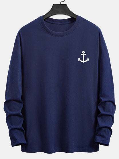 Long Sleeve Anchor Print Cotton T-Shirt