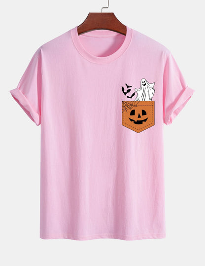 Regular Fit Pocket Pumpkin Ghost Print Cotton T-Shirt