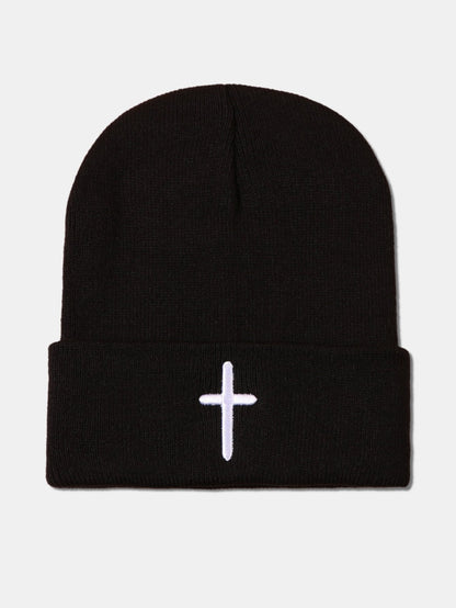 3D Cross Embroidered Pattern Flanged Knitted Hat