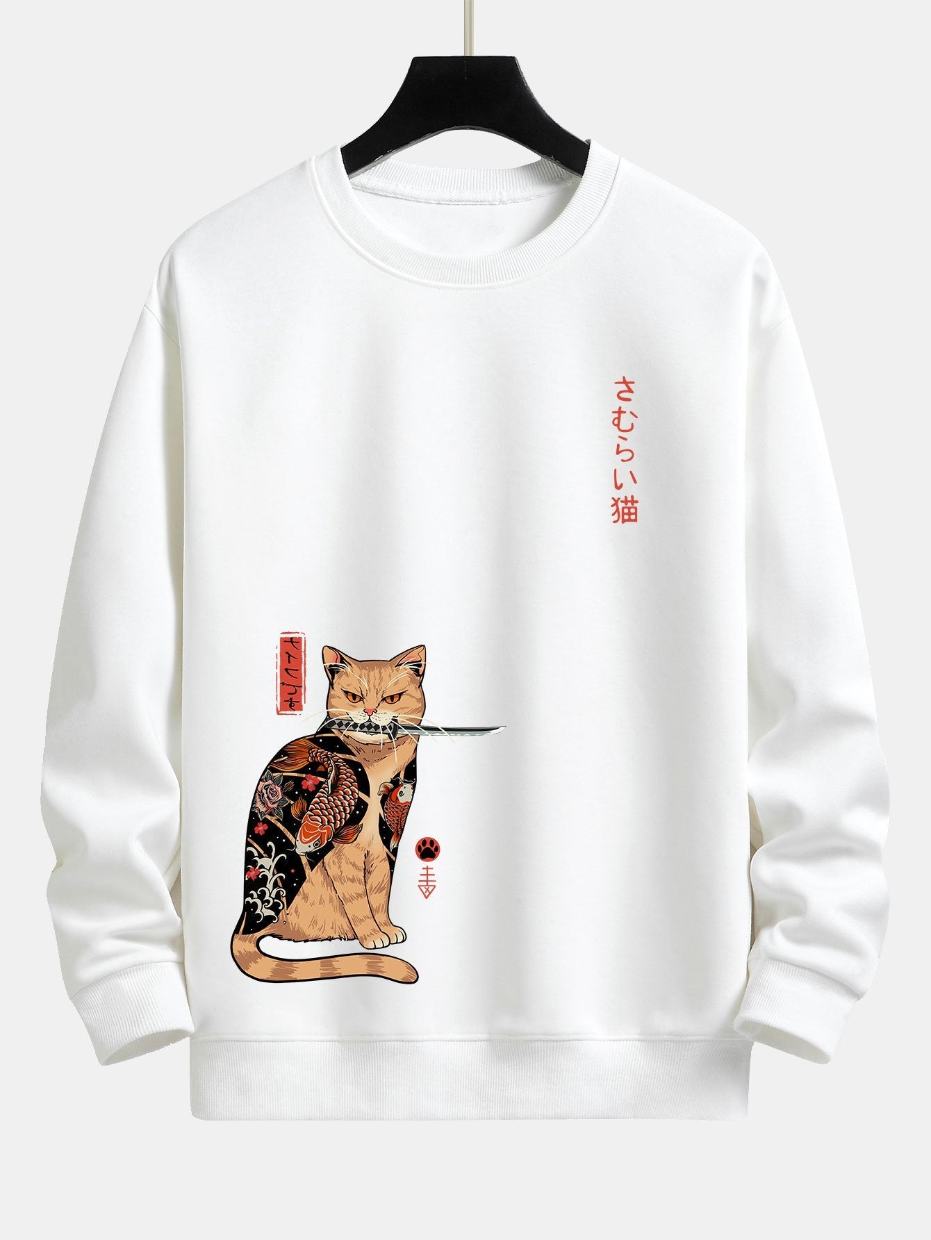 Japanese Samurai Cat Print Relax Fit Sweatshirt