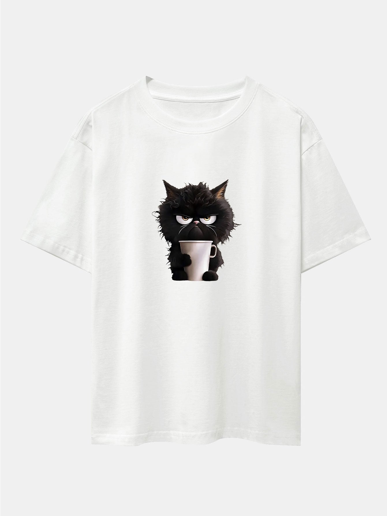 Black Cat Drinking Coffee Print Drop Shoulder Oversize T-Shirt