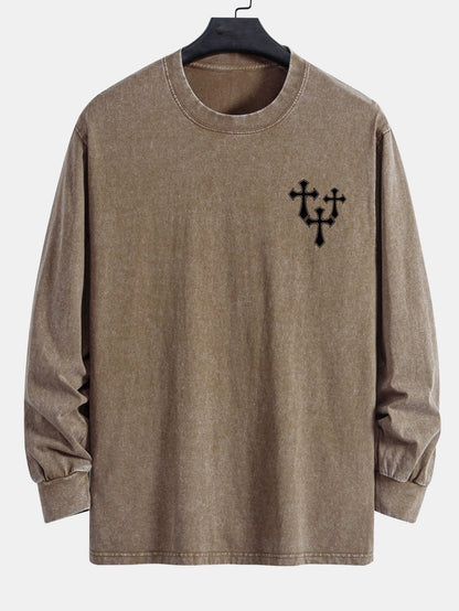 Cross Print Relax Fit Long Sleeve Washed Distressed T-Shirt