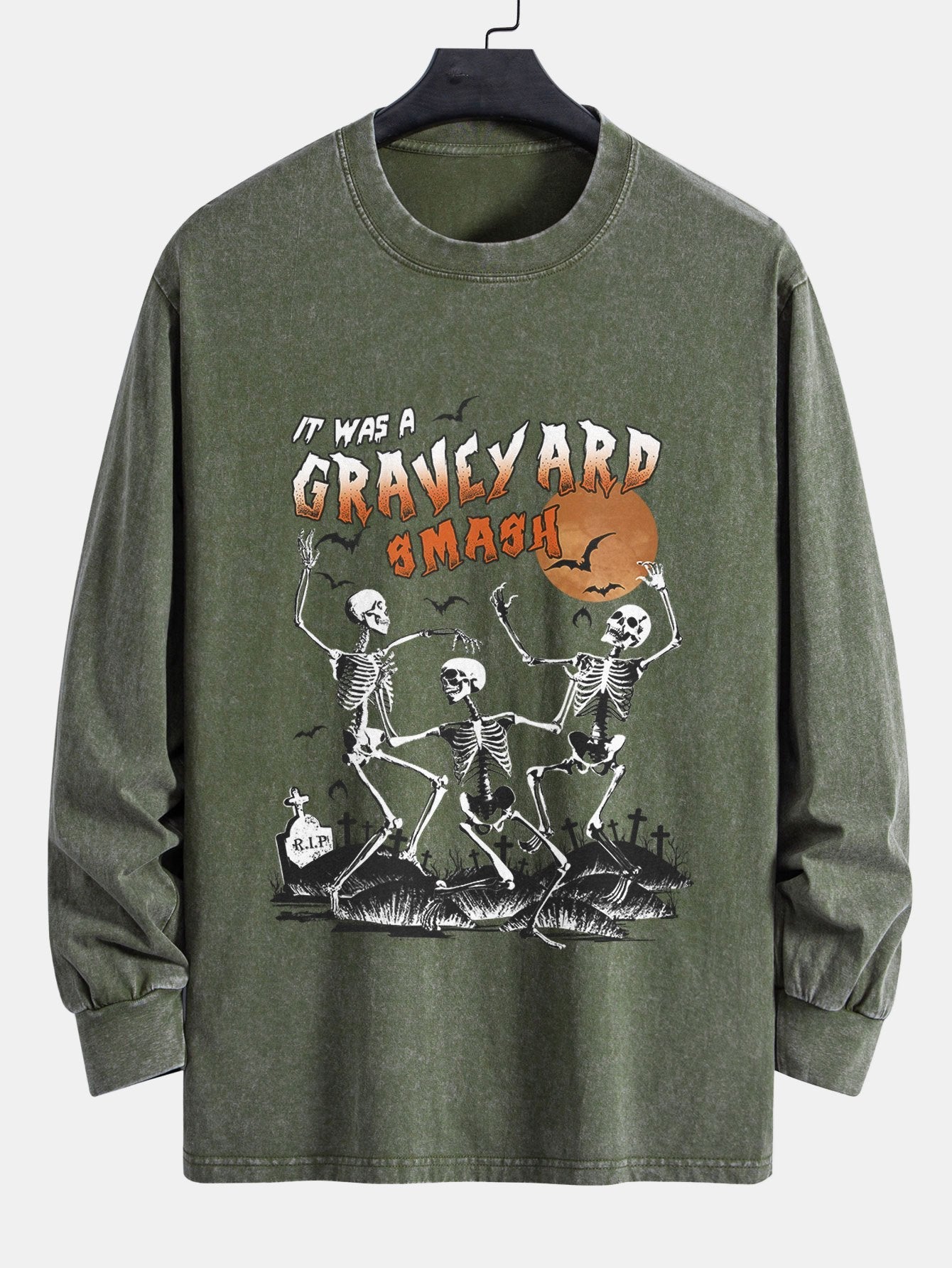 Halloween Dancing Skeleton Print Relax Fit Long Sleeve Washed Distressed T-Shirt