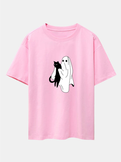 Ghost Black Cat Print Drop Shoulder Oversize T-Shirt