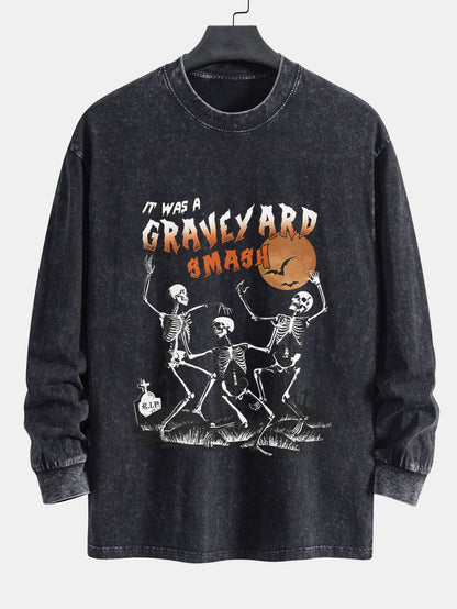 Halloween Dancing Skeleton Print Relax Fit Long Sleeve Washed Distressed T-Shirt