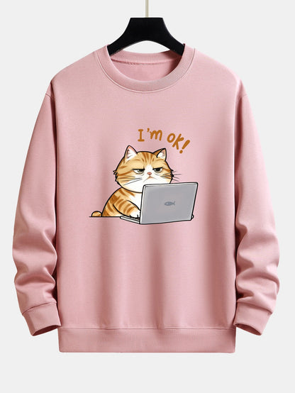 Tired Working Cat Print Relax Fit Sweatshirt