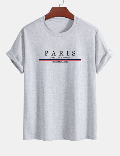 Regular Fit Stripe Paris Slogan Print Cotton T-Shirt