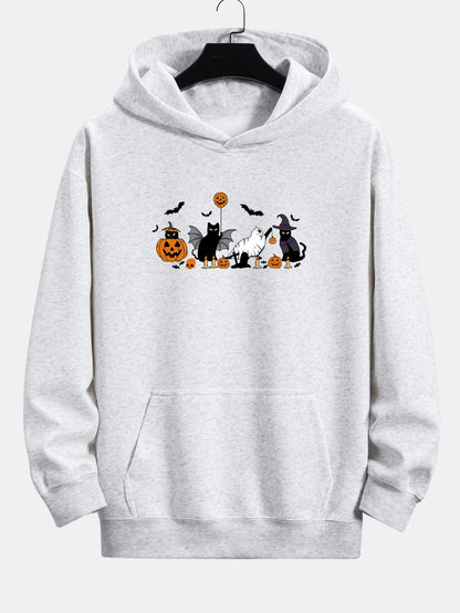 Halloween Pumpkin Black Cat Print Relax Fit Hoodie