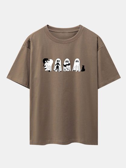 Black Cat Ghost Print Drop Shoulder Oversize T-Shirt