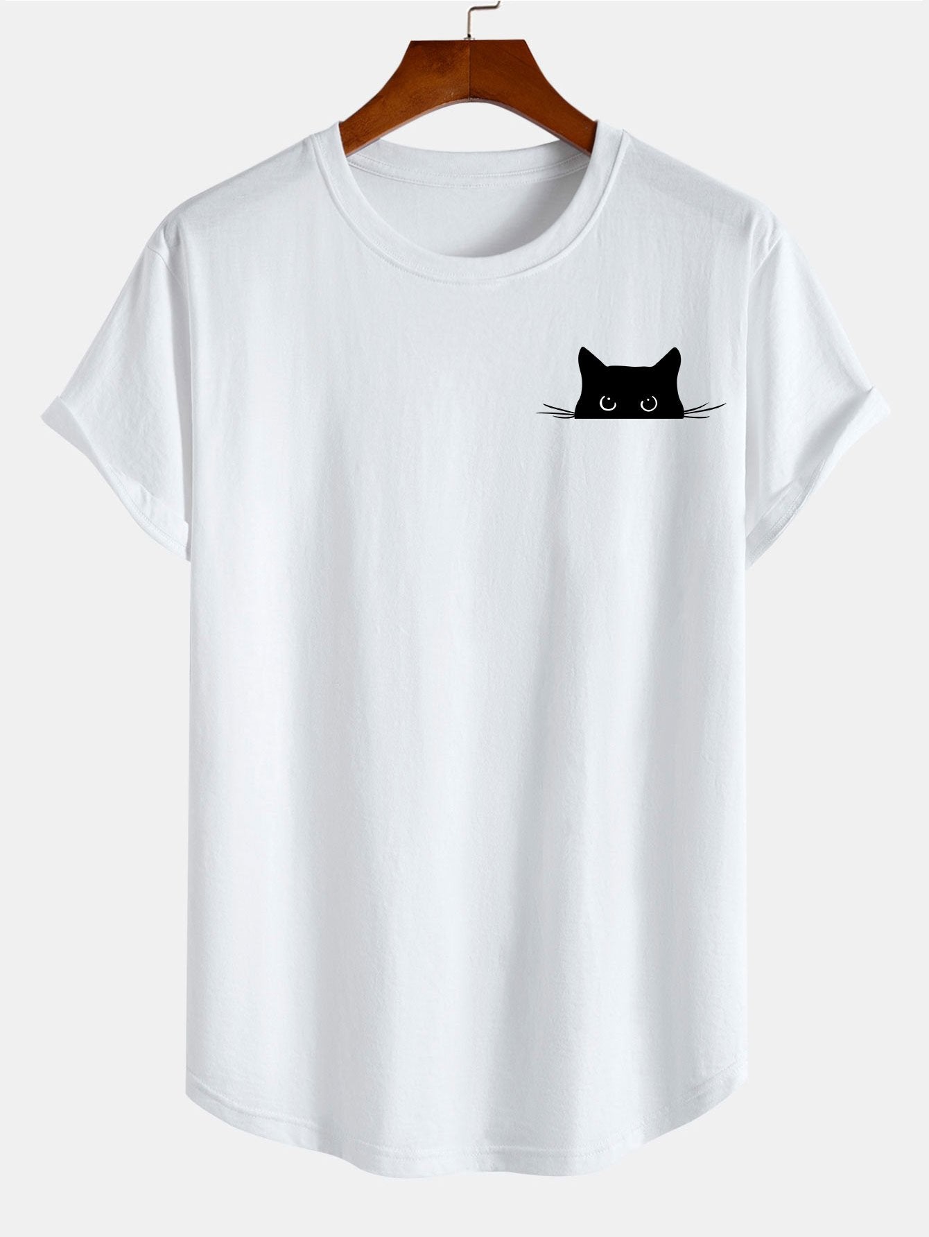 Black Cat Print Cotton Arc Hem T-Shirt