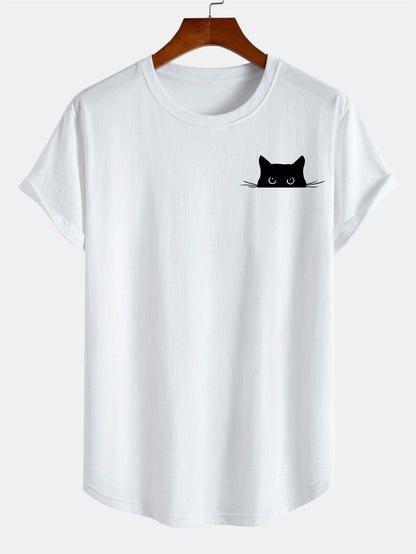 Black Cat Print Cotton Arc Hem T-Shirt