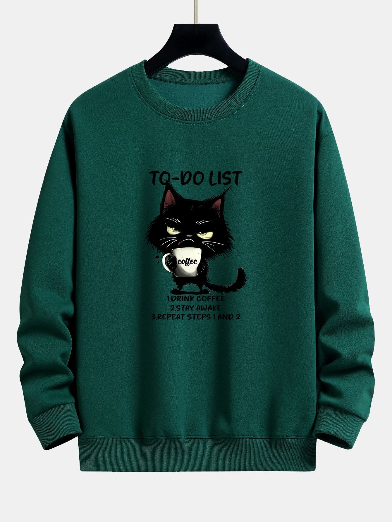 Cat Drinking Coffee Print Relax Fit Sweatshirt