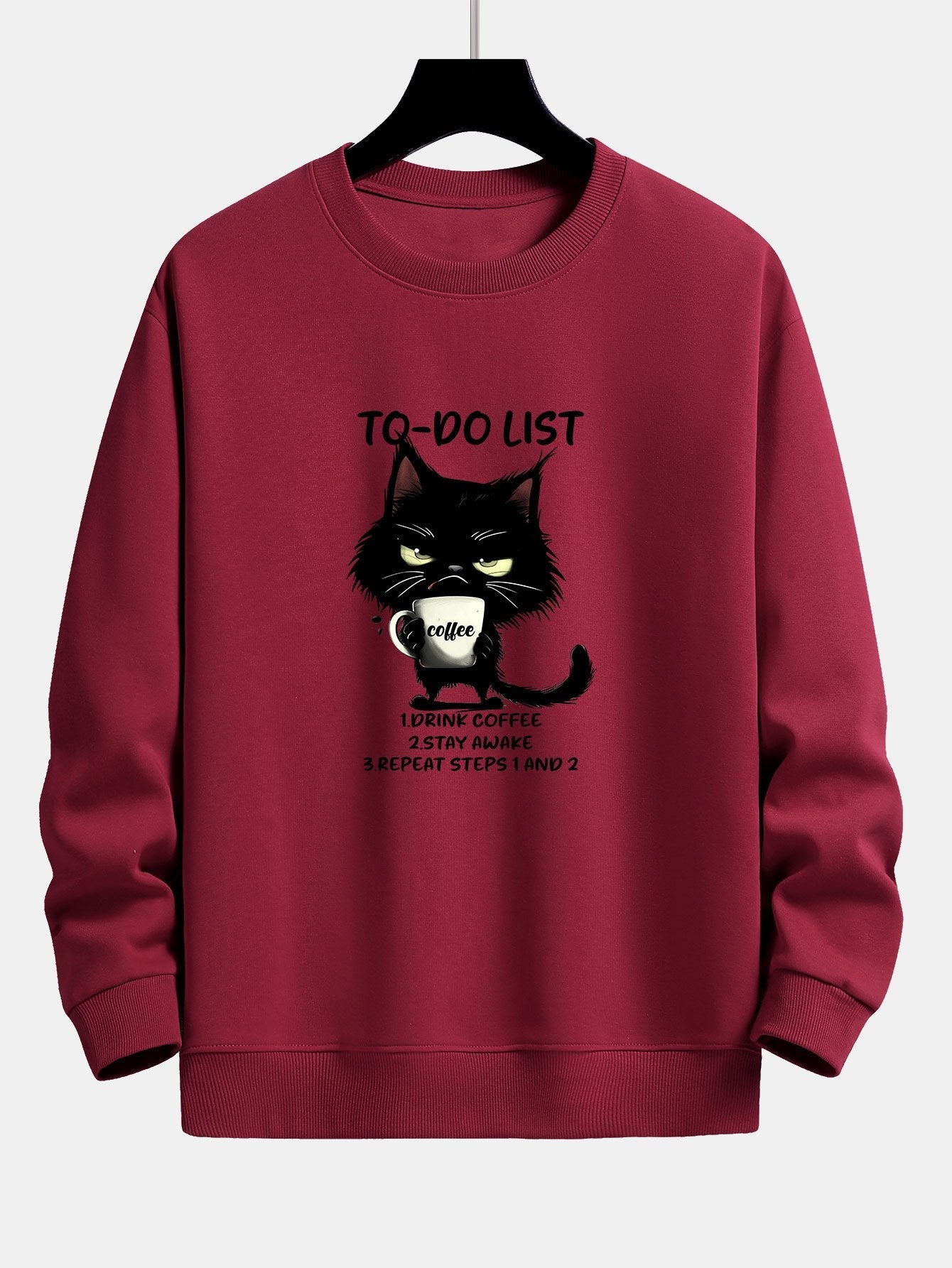 Cat Drinking Coffee Print Relax Fit Sweatshirt