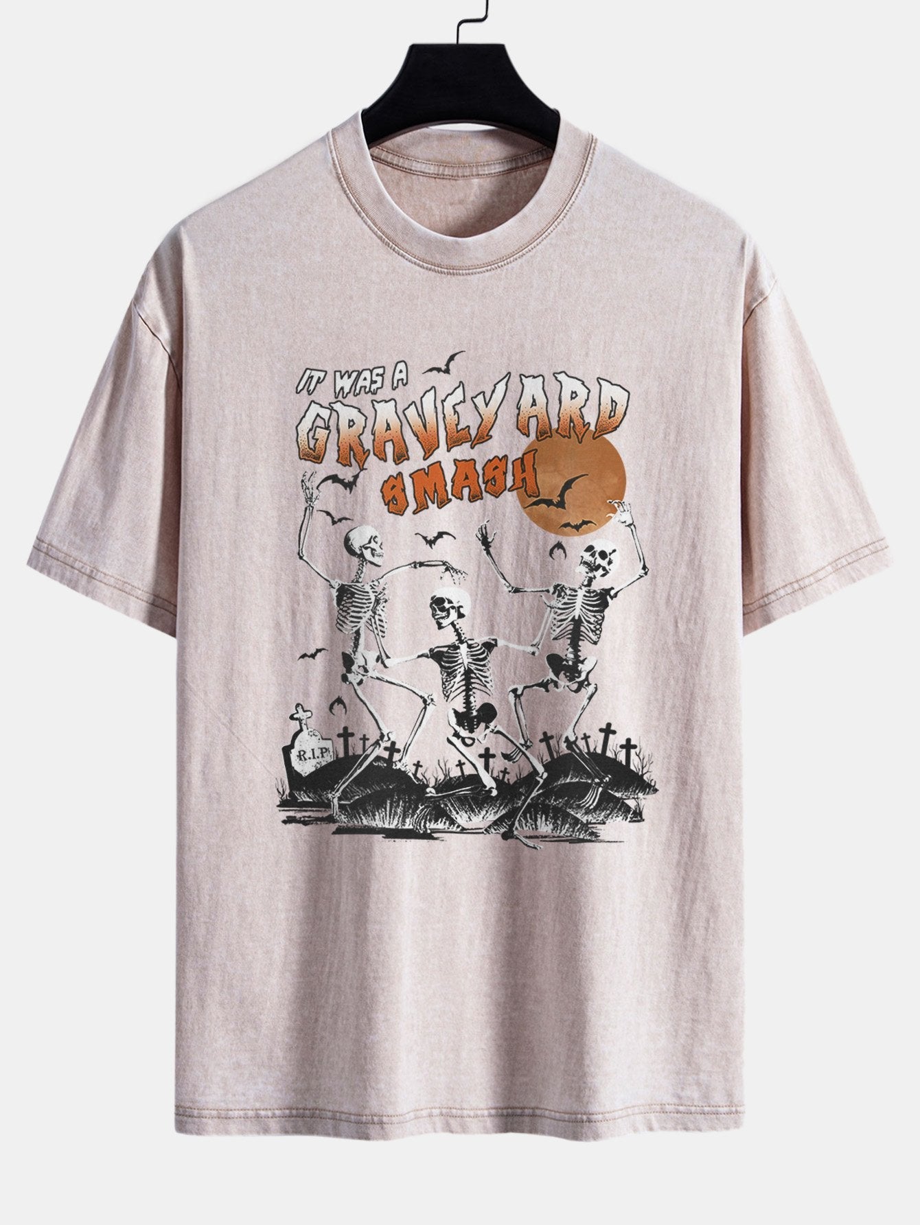 Halloween Dancing Skeleton Print Washed Distressed Drop Shoulder T-Shirt