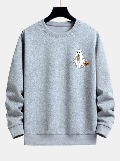 Pumpkin Ghost Drinking Milk Tea Print Relax Fit Sweatshirt