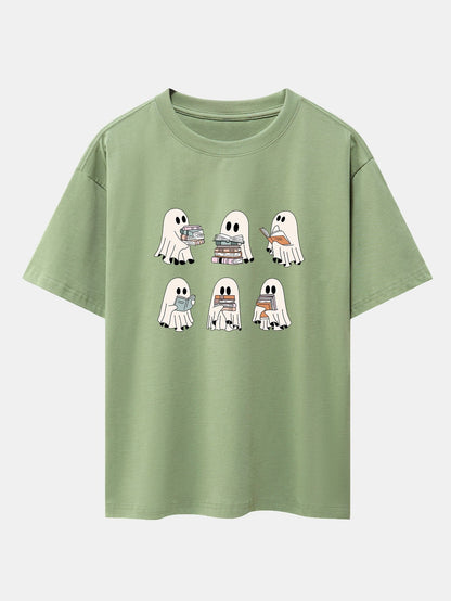 Ghost Reading Book Print Drop Shoulder Oversize T-Shirt