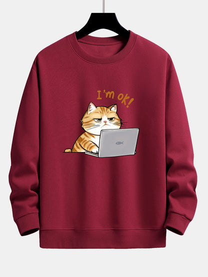 Tired Working Cat Print Relax Fit Sweatshirt