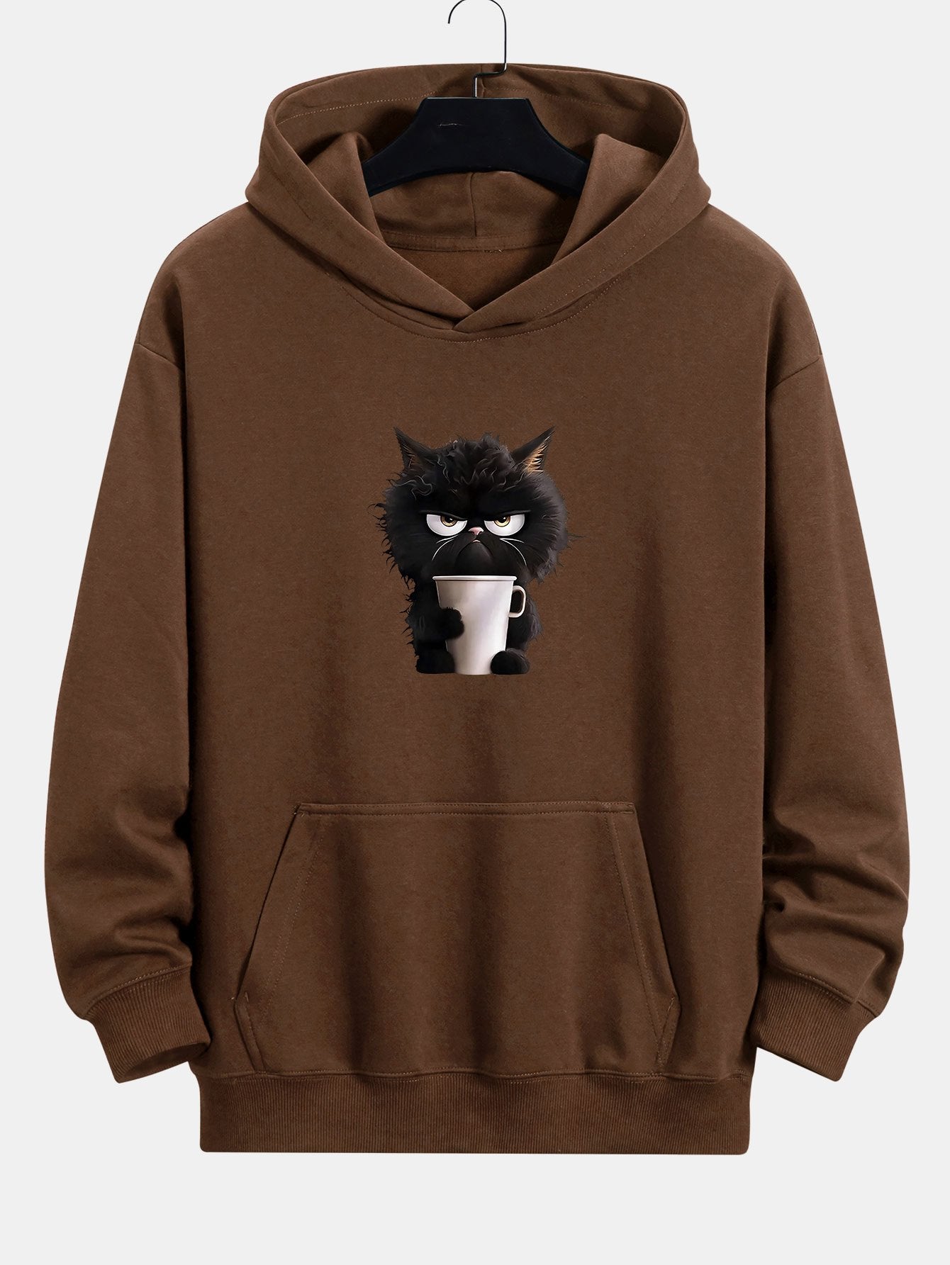 Black Cat Drinking Coffee Print Relax Fit Hoodie