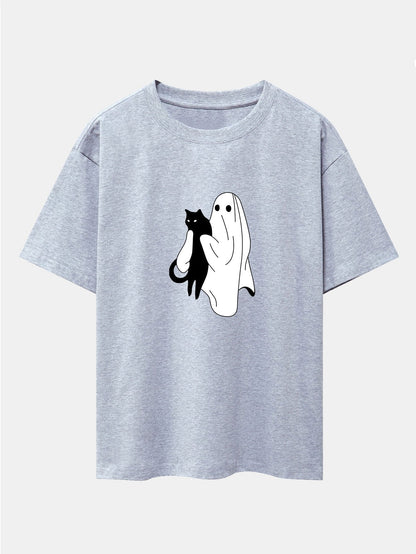 Ghost Black Cat Print Drop Shoulder Oversize T-Shirt