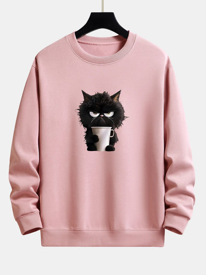 Black Cat Drinking Coffee Print Relax Fit Sweatshirt