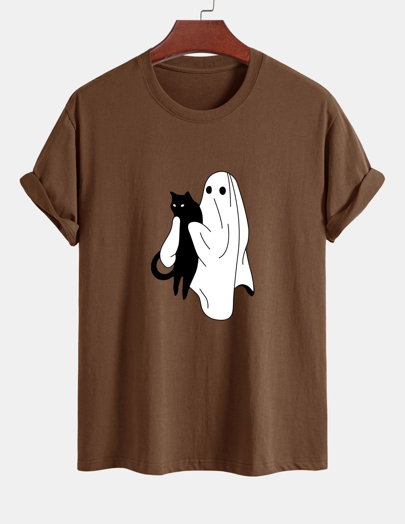 Regular Fit Ghost Black Cat Print Cotton T-Shirt