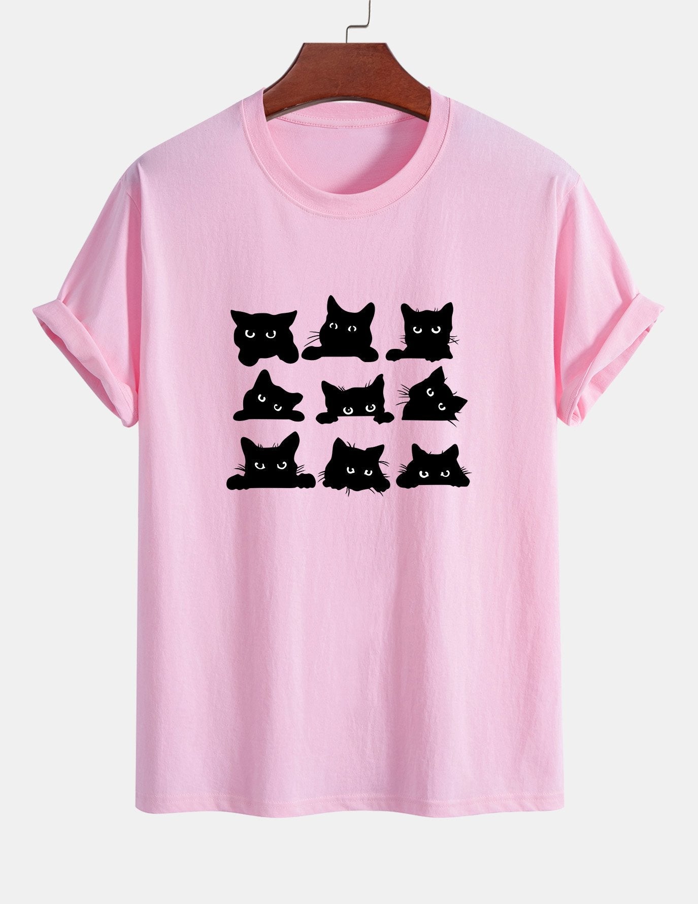 Regular Fit Black Cat Staring Print Cotton T-Shirt