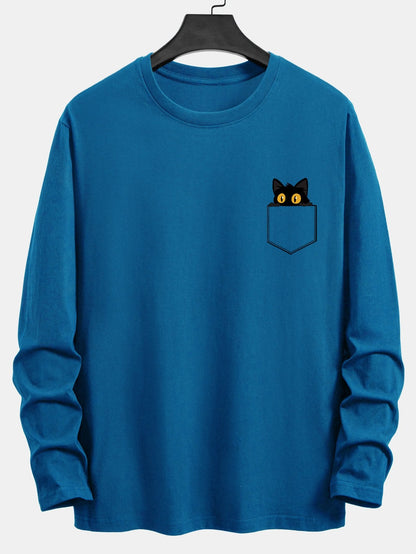 Long Sleeve Pocket Black Cat Print Cotton T-Shirt