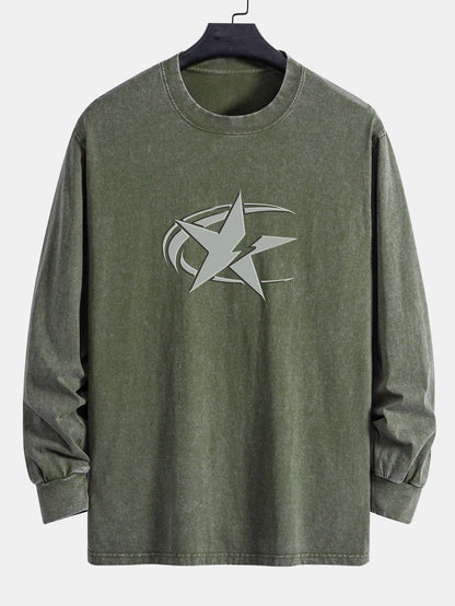 Star Print Relax Fit Long Sleeve Washed Distressed T-Shirt