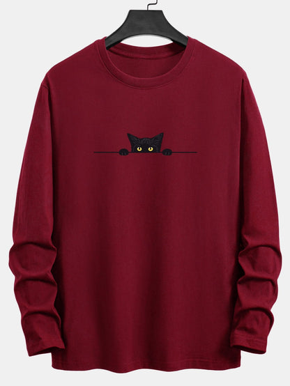 Long Sleeve Black Cat Print Cotton T-Shirt