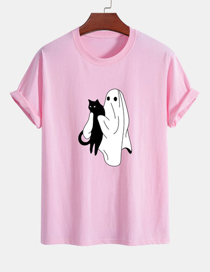 Regular Fit Ghost Black Cat Print Cotton T-Shirt