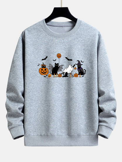 Halloween Pumpkin Black Cat Print Relax Fit Sweatshirt