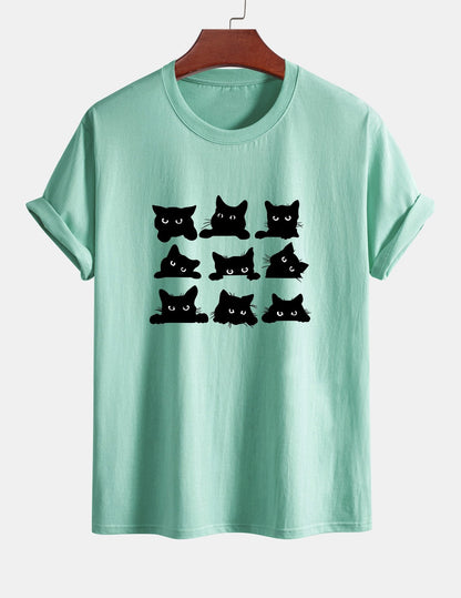 Regular Fit Black Cat Staring Print Cotton T-Shirt