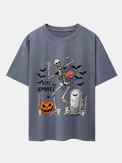 Halloween Skeleton Stay Spooky Print Drop Shoulder Oversize T-Shirt