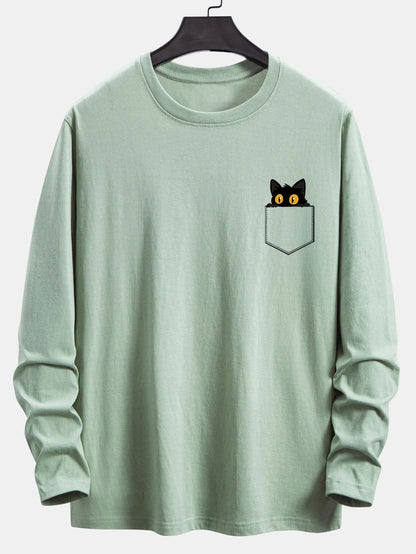 Long Sleeve Pocket Black Cat Print Cotton T-Shirt