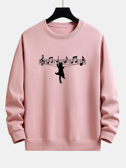 Musical Note Cat Print Relax Fit Sweatshirt