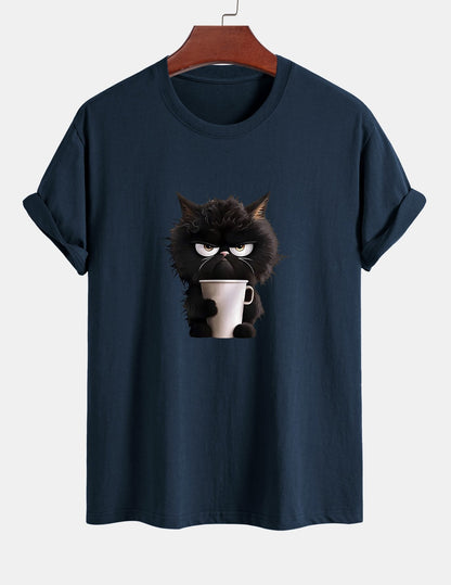 Regular Fit Black Cat Drinking Coffee Print Cotton T-Shirt