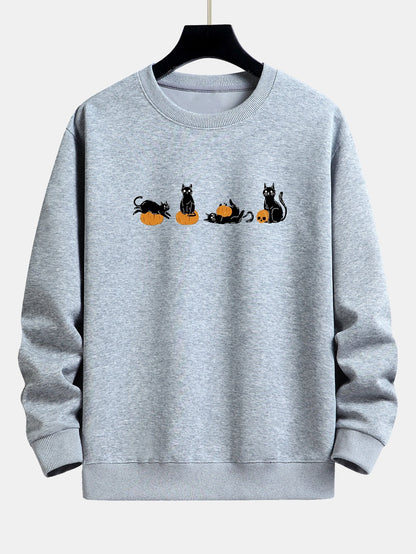 Halloween Pumpkin Black Cat Print Relax Fit Sweatshirt