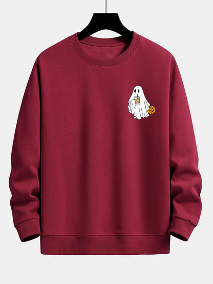 Pumpkin Ghost Drinking Milk Tea Print Relax Fit Sweatshirt